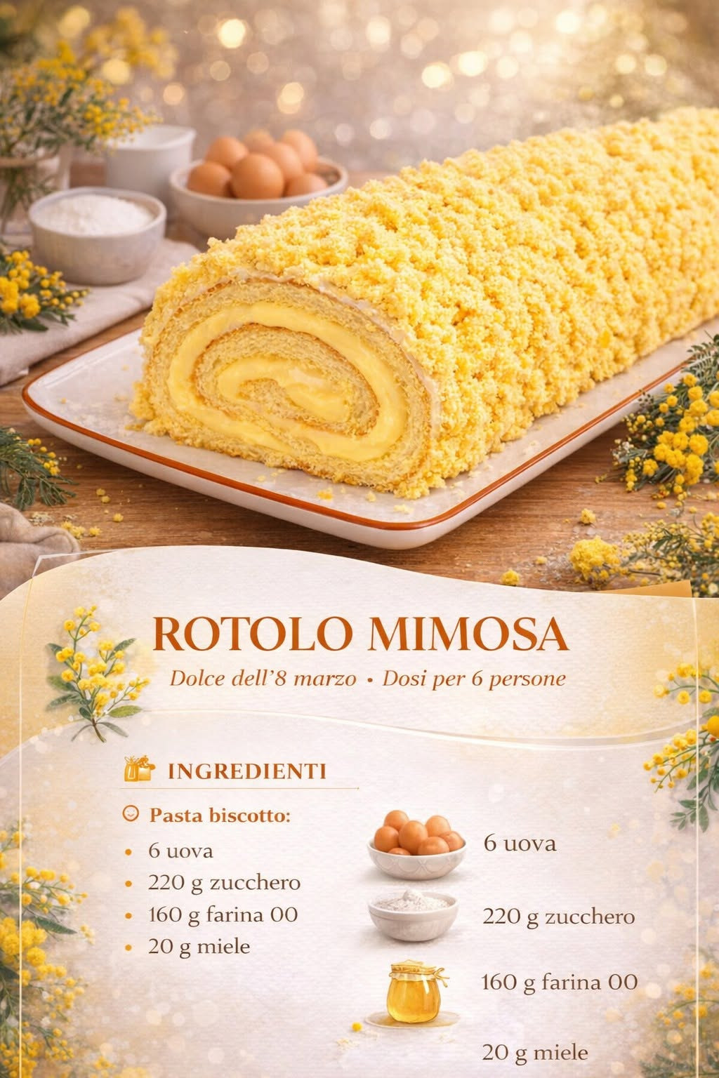 Rotolo giallo con spirale di crema e copertura di briciole mimosa