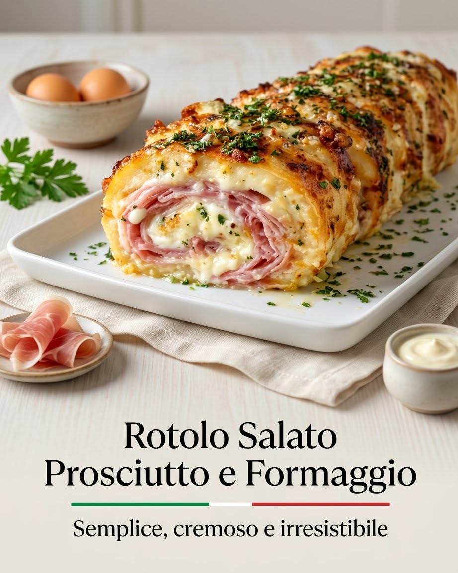 Rotolo salato affettato con prosciutto, formaggio e superficie alle erbe