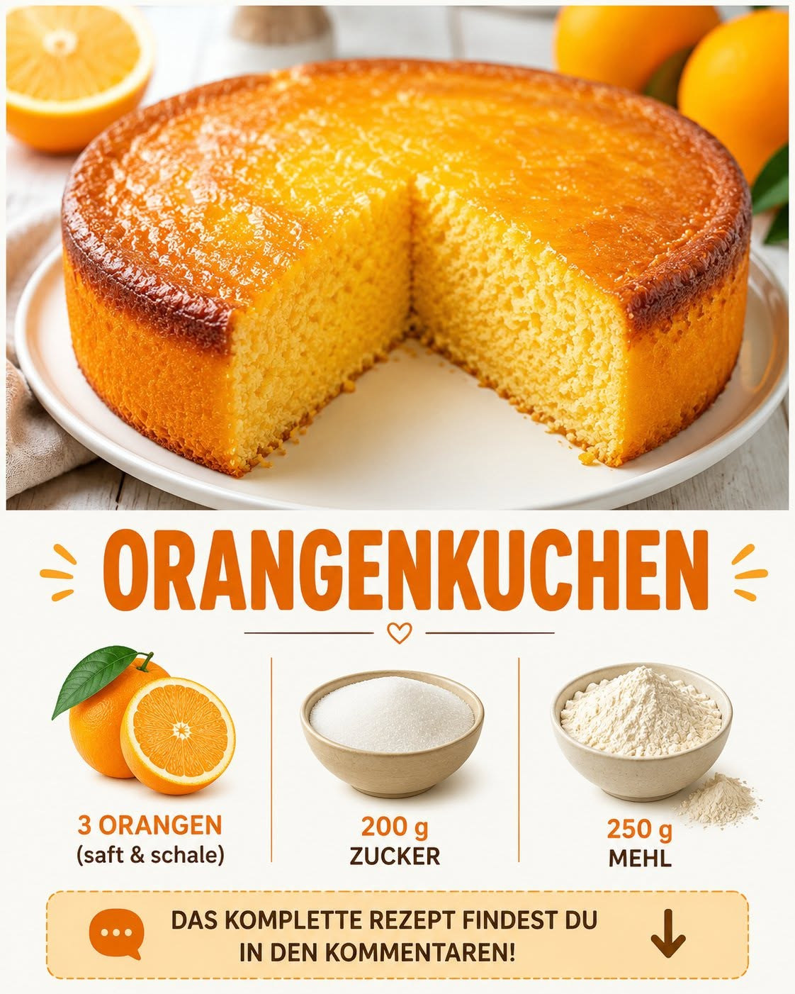 Runder gelbgoldener Orangenkuchen mit herausgeschnittenem Stück
