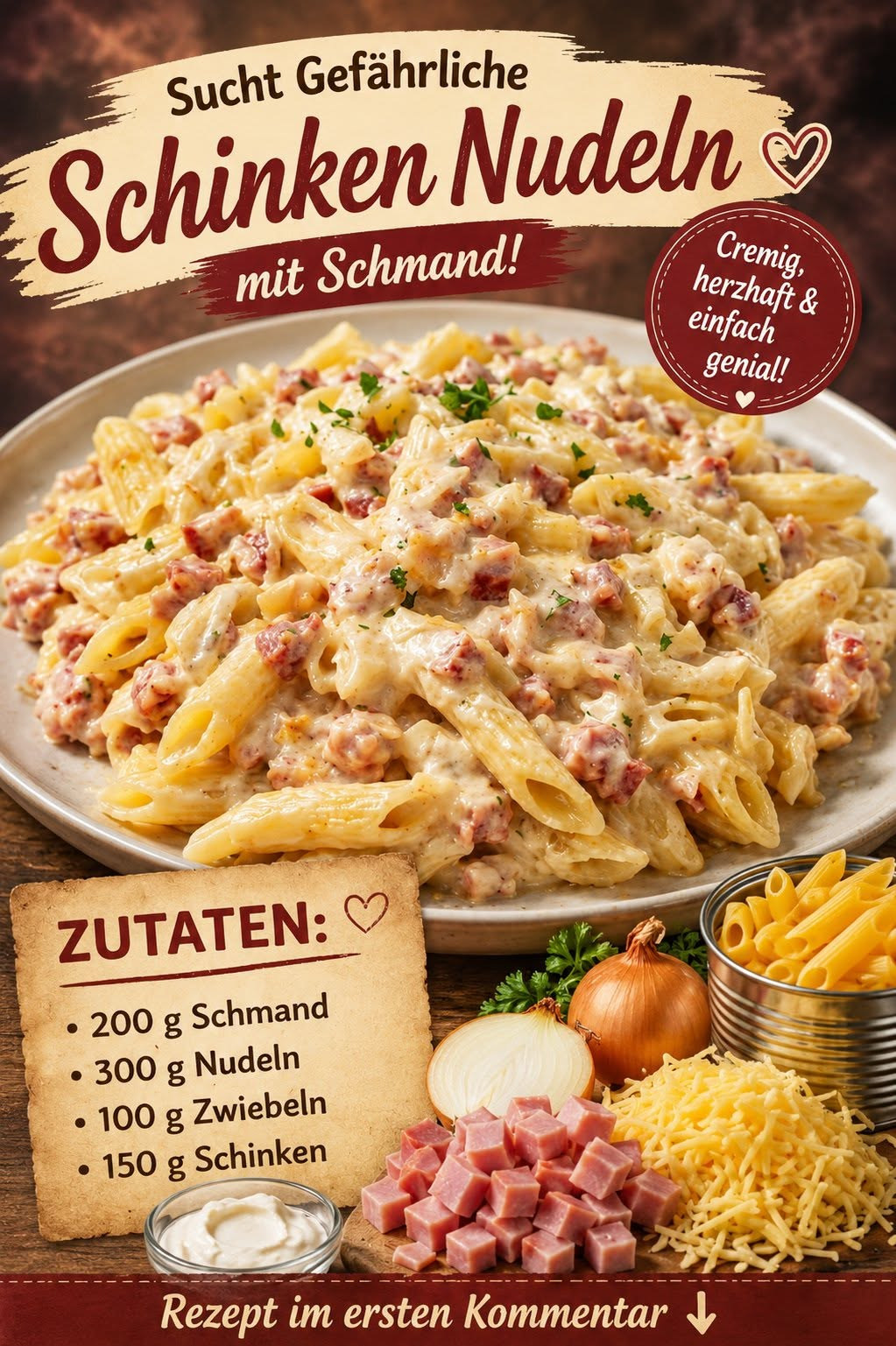 Penne mit Schinkenstücken, heller Schmandsauce und Kräutern