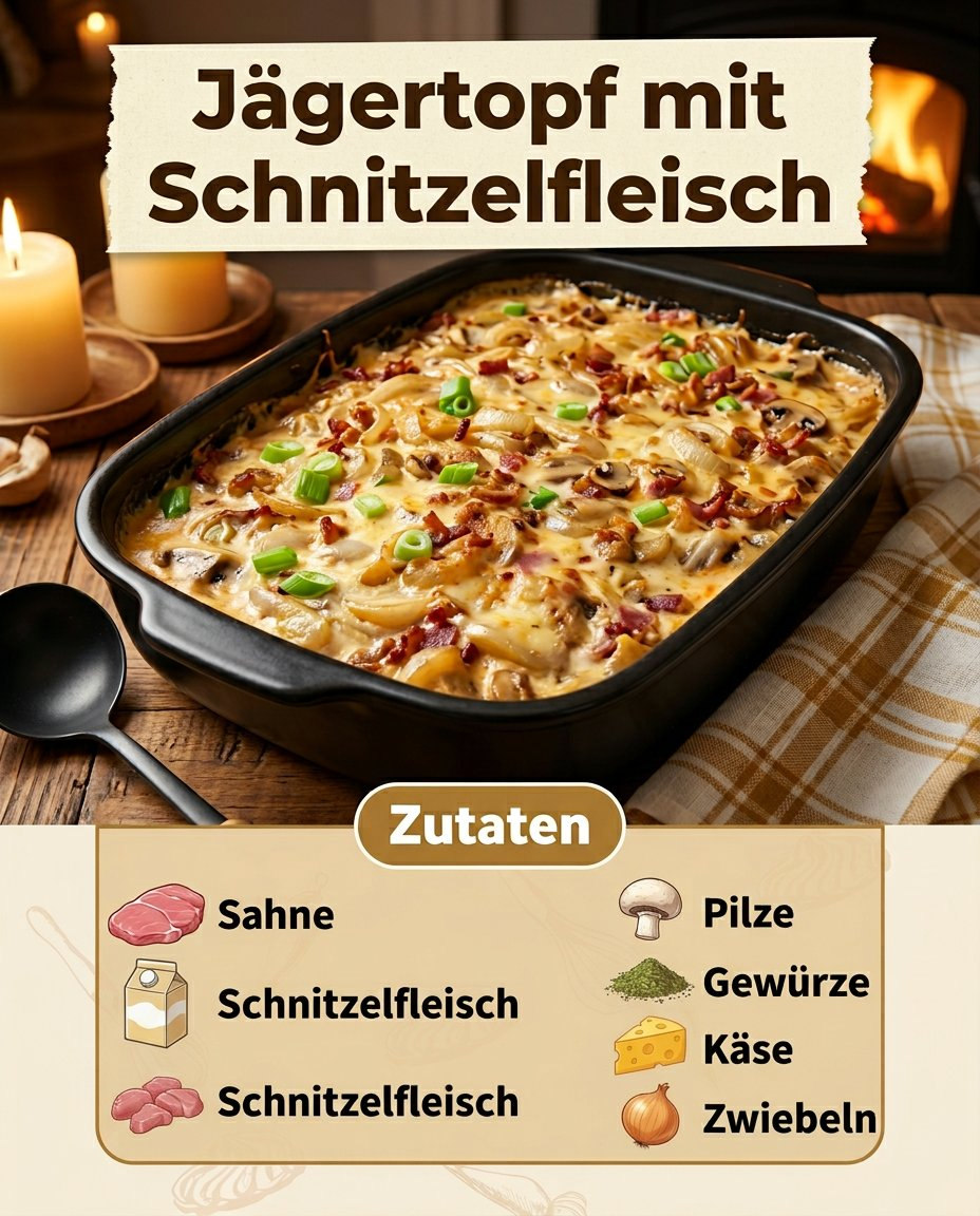Überbackene Schnitzelstreifen mit Champignons, Rahmsauce und Käse
