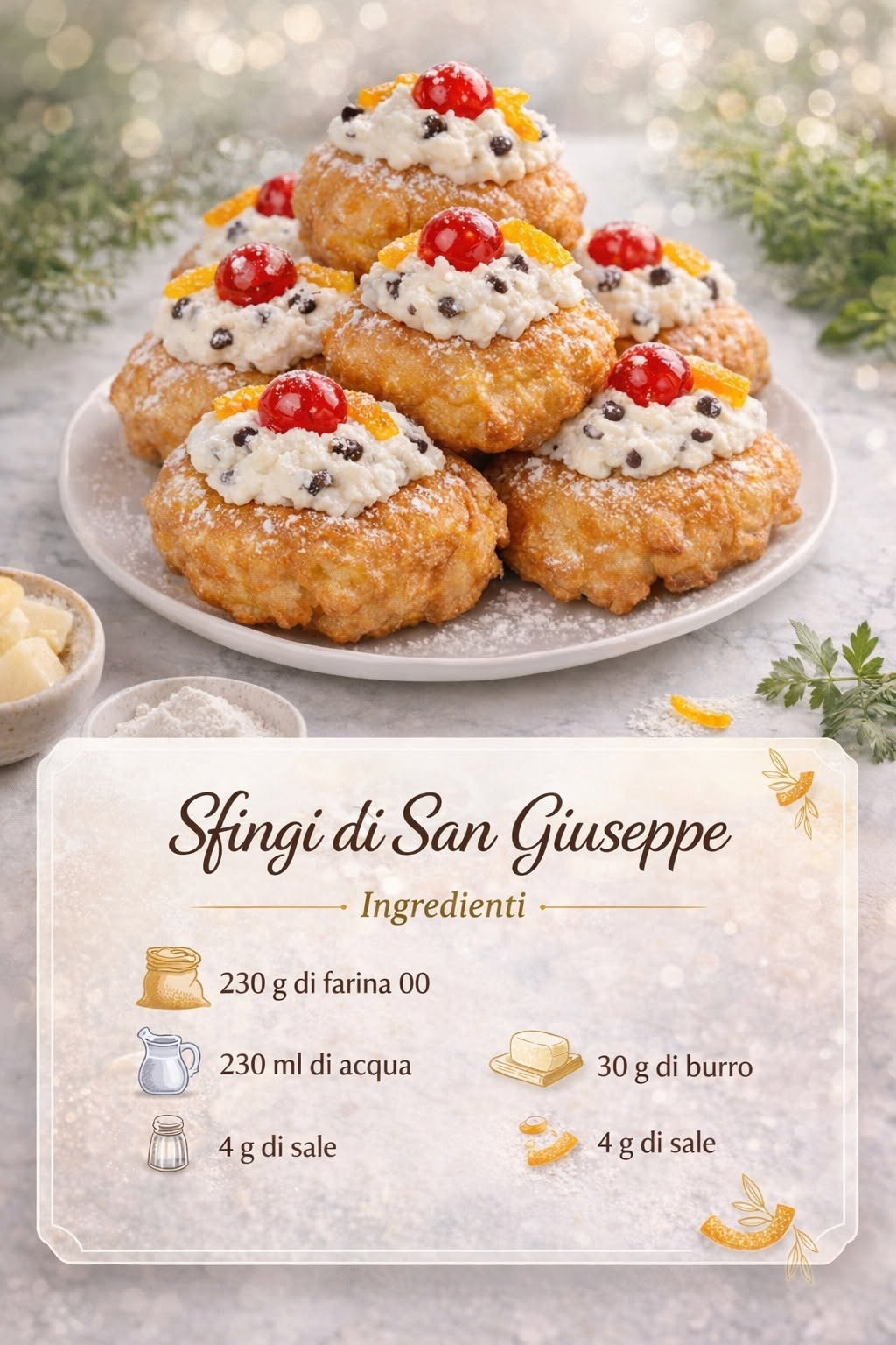 Dolci fritti farciti di ricotta con gocce di cioccolato e frutta candita