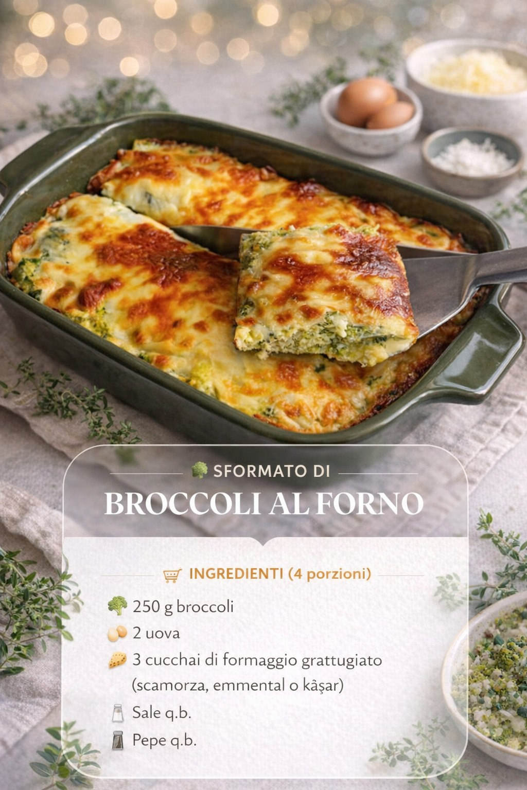 Sformato di broccoli in teglia con superficie dorata e formaggio filante