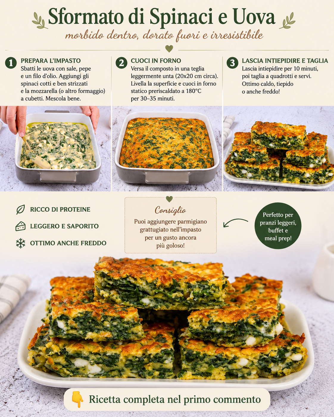 Sformato a quadrotti con spinaci verdi e uova, gratinato in superficie