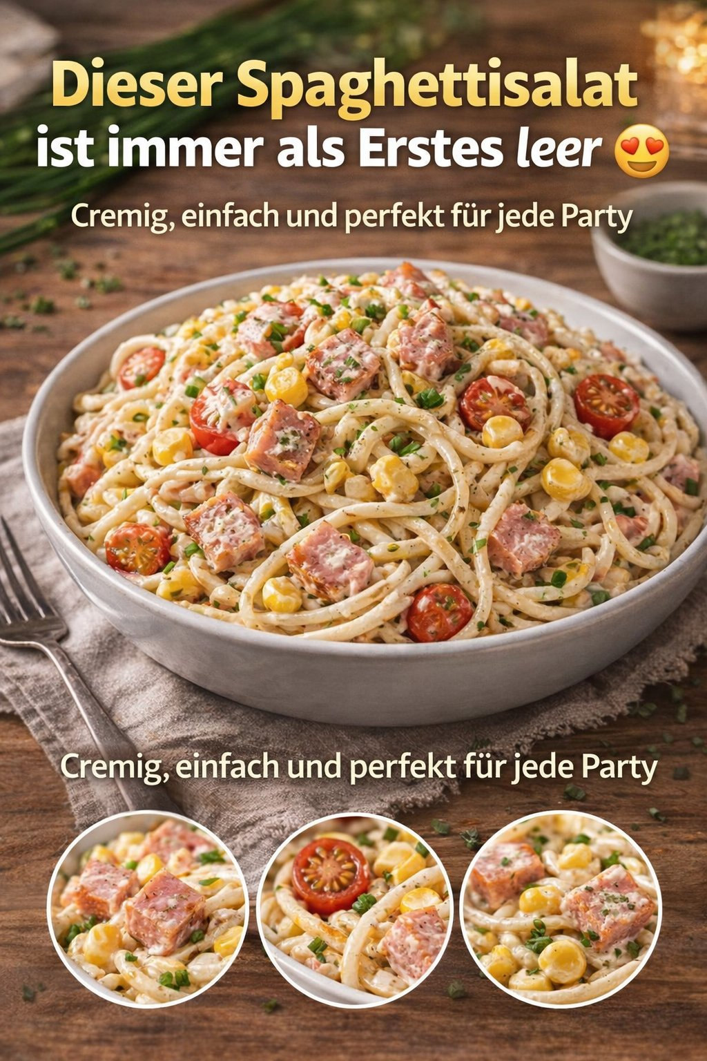 Cremiger Spaghettisalat mit Mais, Paprikastücken und halbierten Tomaten