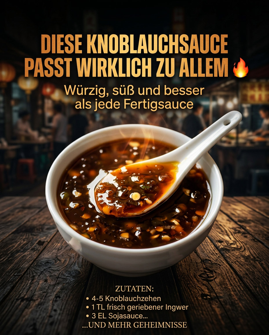 Dunkle glänzende Knoblauchsauce mit Knoblauchstücken und Frühlingszwiebeln