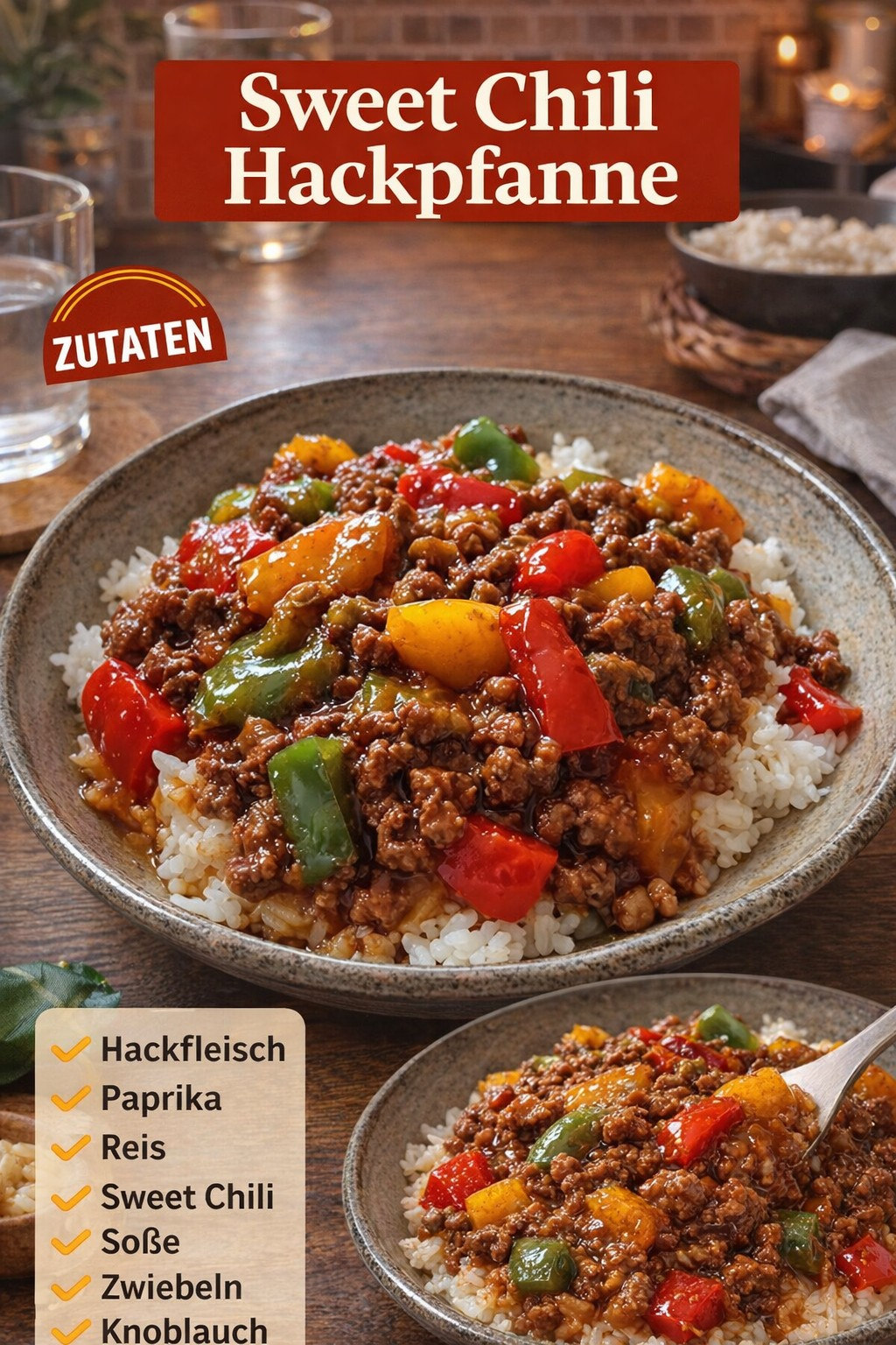 Hackfleisch mit bunten Paprikastücken in glänzender Sauce auf weißem Reis