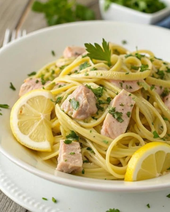 Tagliatelle chiare con pezzi di pesce rosato, limone e prezzemolo