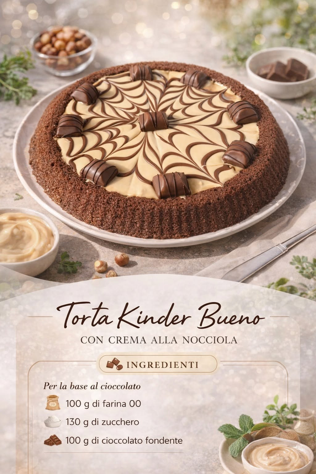 Torta scura con crema chiara alla nocciola e disegno al cioccolato