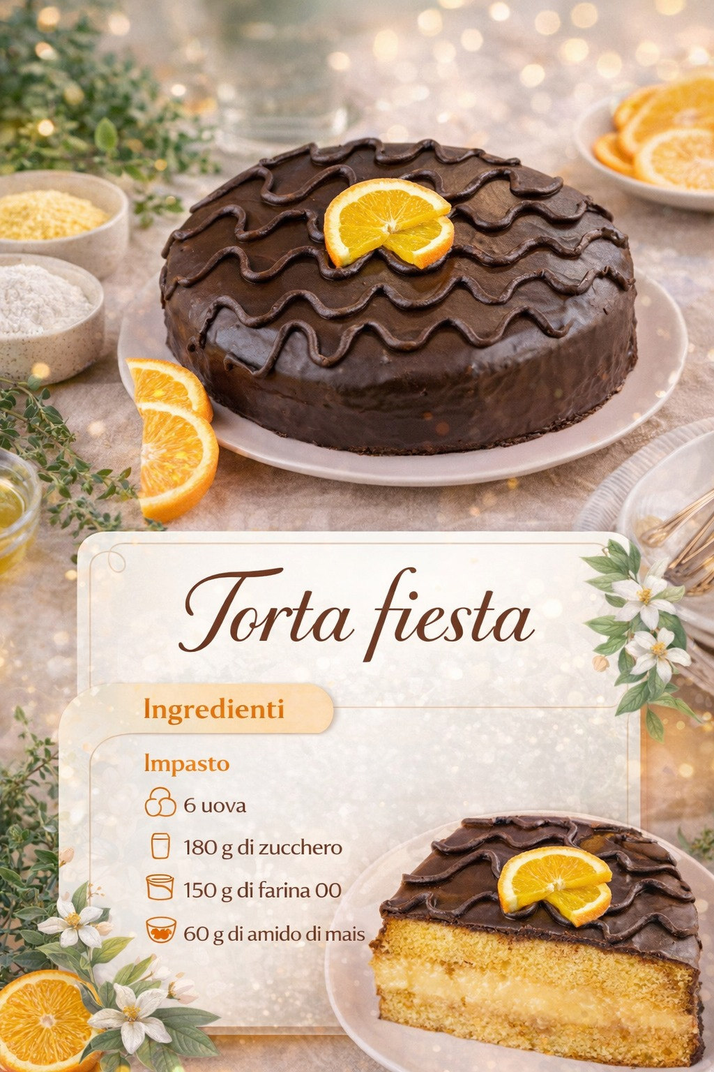 Torta rotonda ricoperta di cioccolato con decorazione di arancia