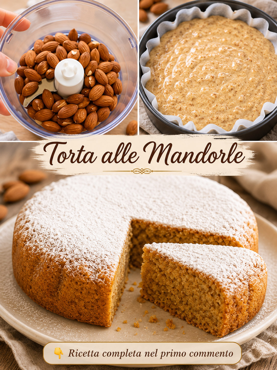 Torta rotonda alle mandorle con zucchero a velo e una fetta rimossa