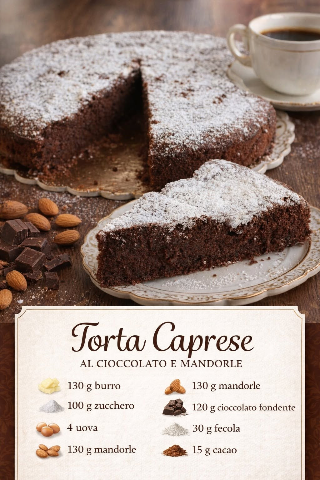Torta scura al cioccolato e mandorle con zucchero a velo