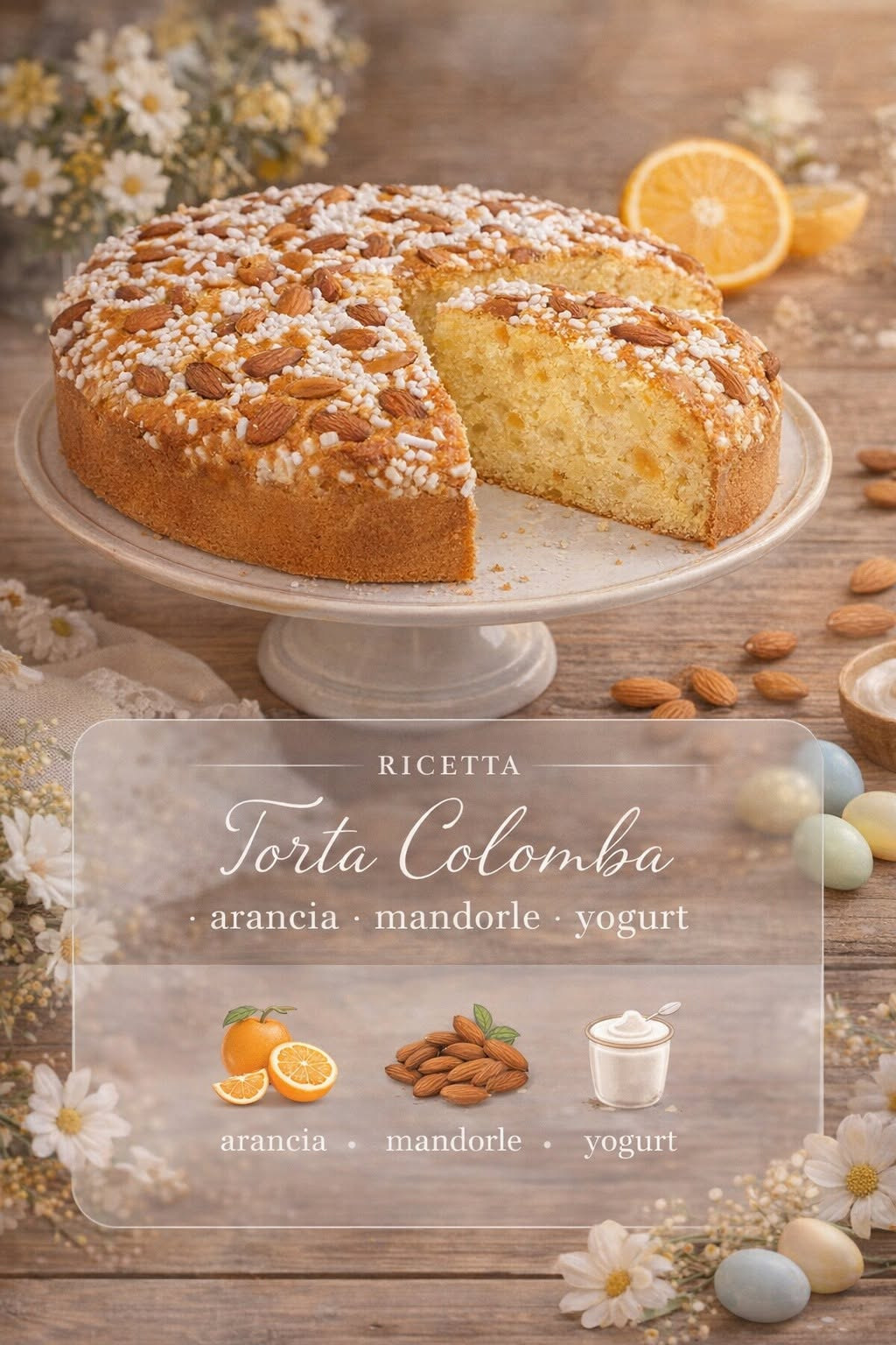 Torta rotonda dorata con mandorle e granella di zucchero