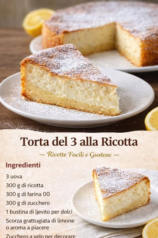 Torta di ricotta con zucchero a velo e fetta chiara e compatta