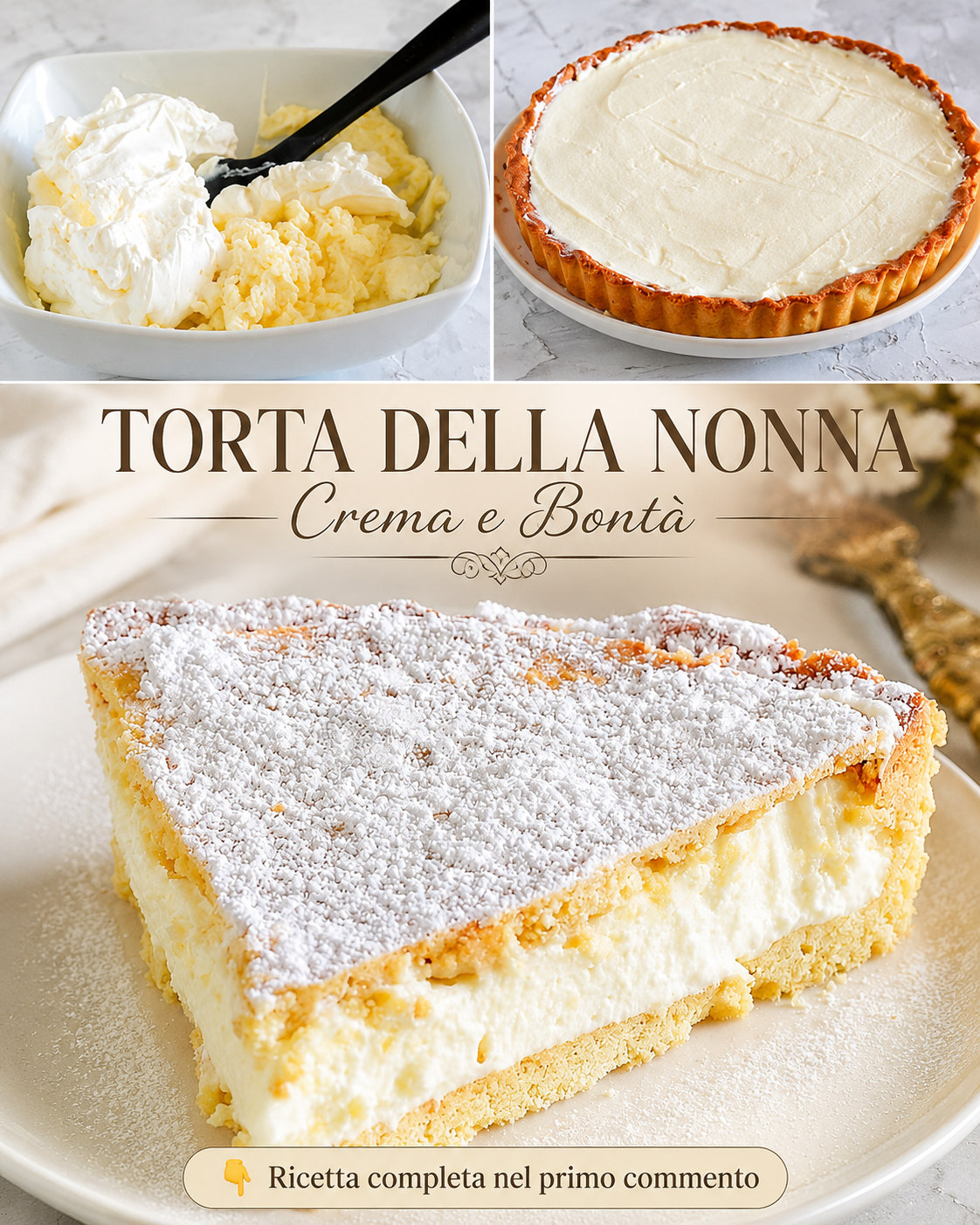 Crostata chiusa con crema chiara e copertura di zucchero a velo