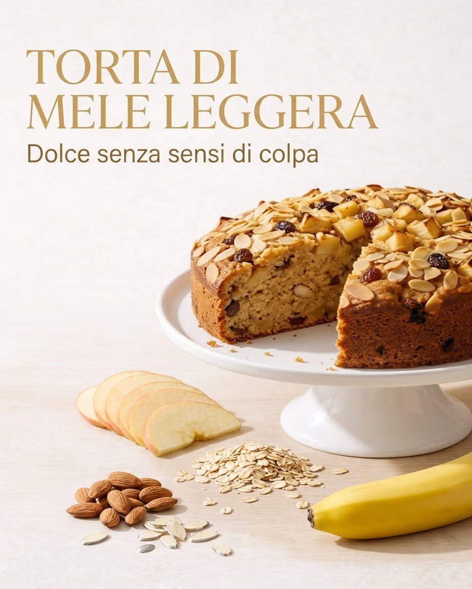 Torta rustica con mele e mandorle, accompagnata da banana e fiocchi d’avena
