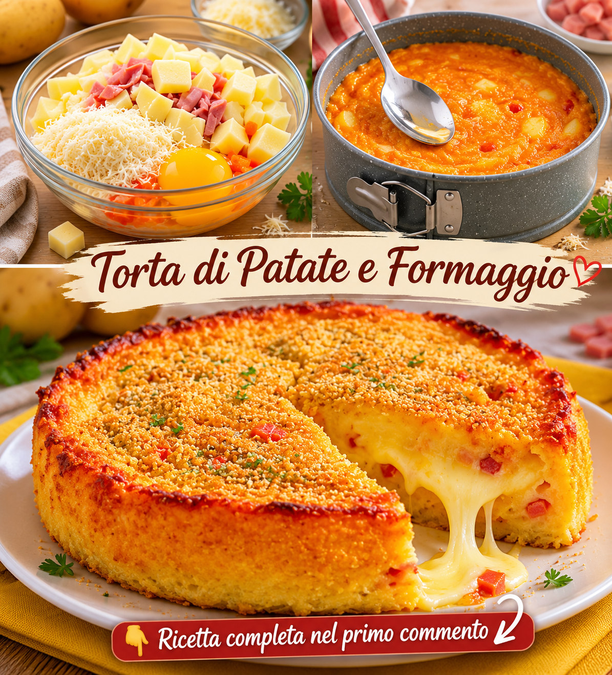Torta salata rotonda di patate con crosta dorata e formaggio filante