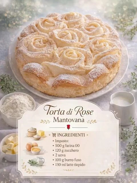 Torta lievitata composta da rose di pasta, cosparsa di zucchero a velo