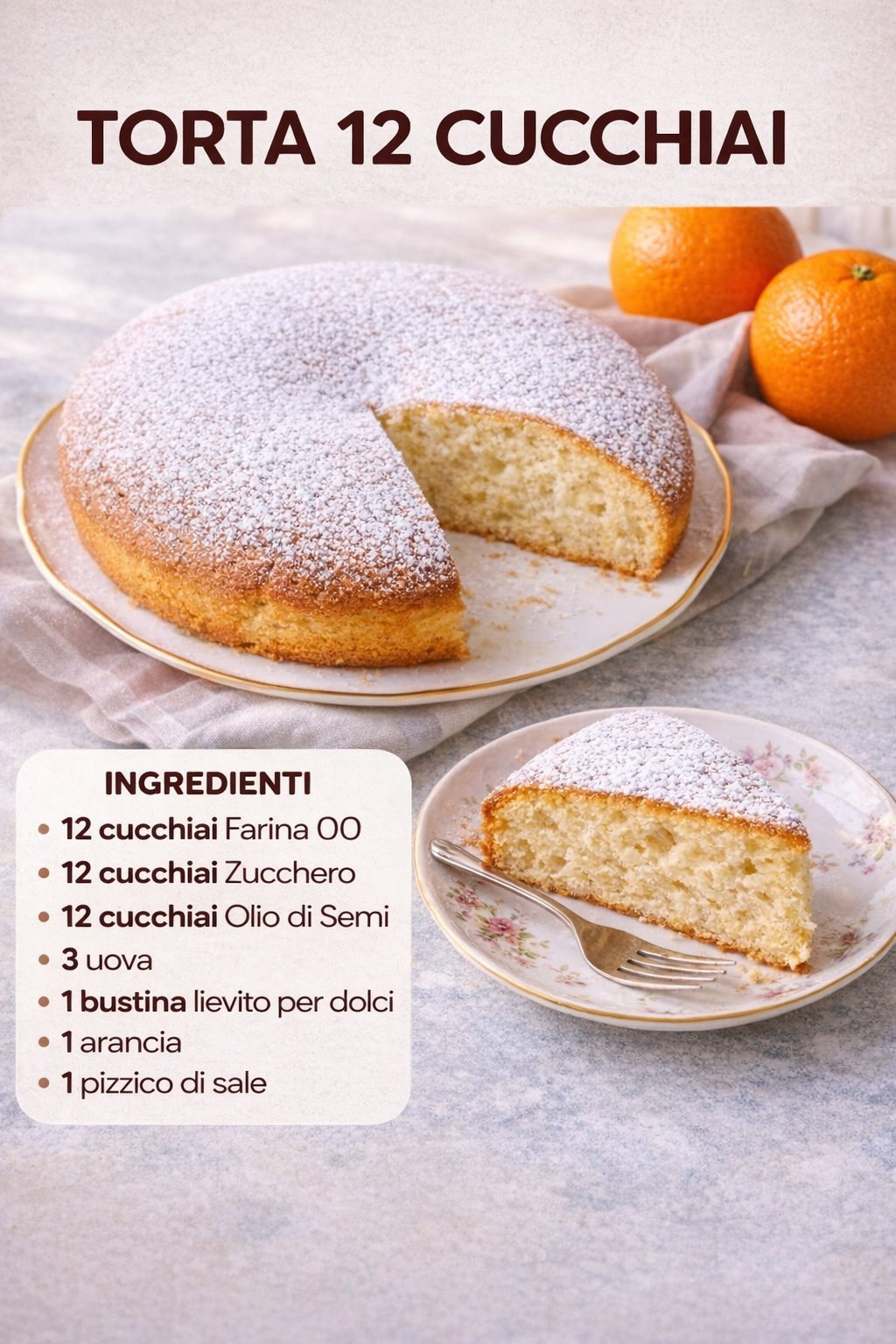 Torta tonda all’arancia con zucchero a velo e una fetta tagliata