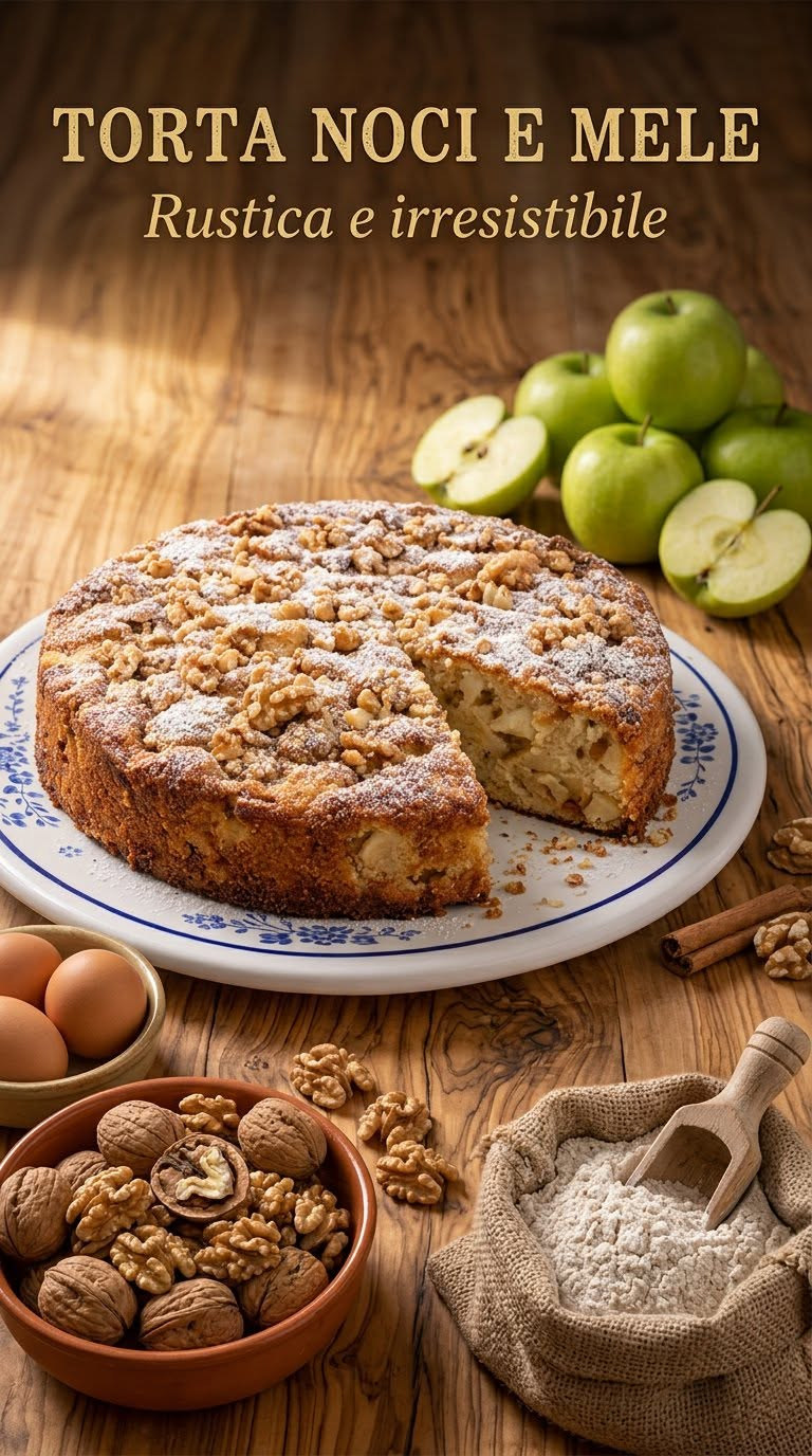 Torta rustica di mele con noci visibili e zucchero a velo