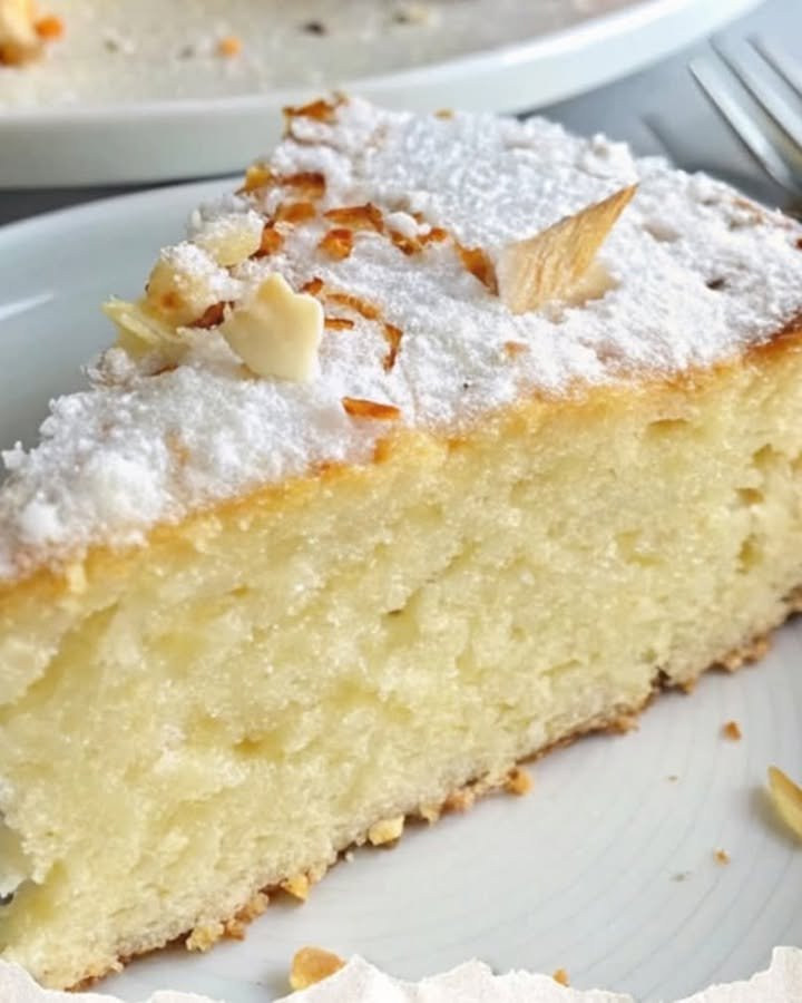 Fetta di torta chiara con mandorle a lamelle e zucchero a velo