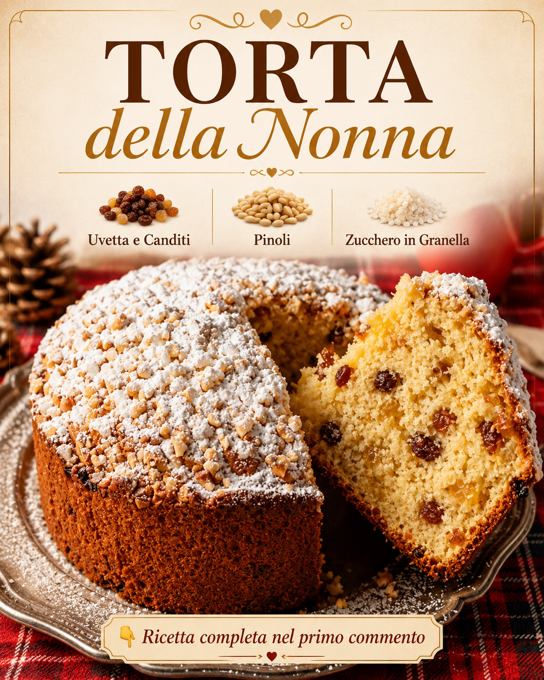 Torta alta con uvetta, canditi, pinoli e zucchero a velo