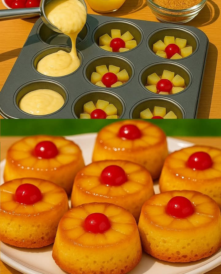 Tortine dorate rovesciate con ananas e ciliegia rossa al centro