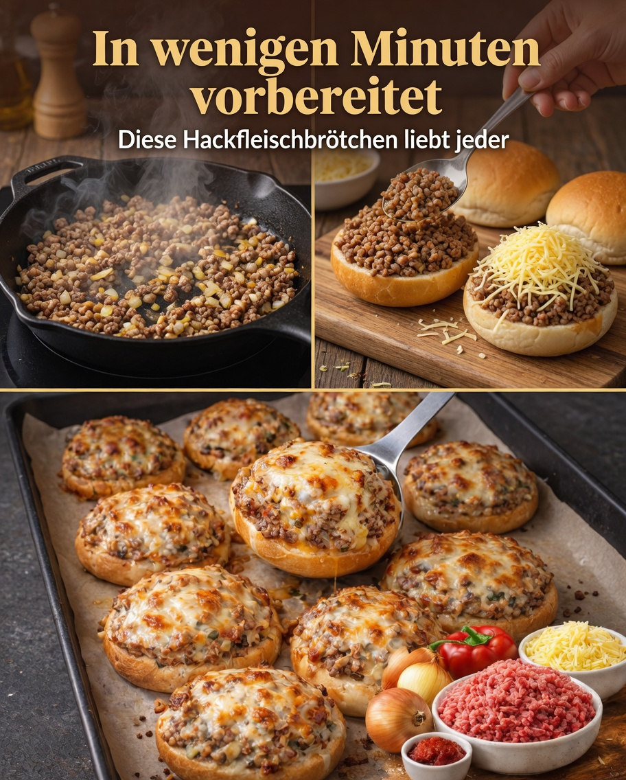 Brötchenhälften mit krümeligem Hackfleisch und goldbraunem Käse