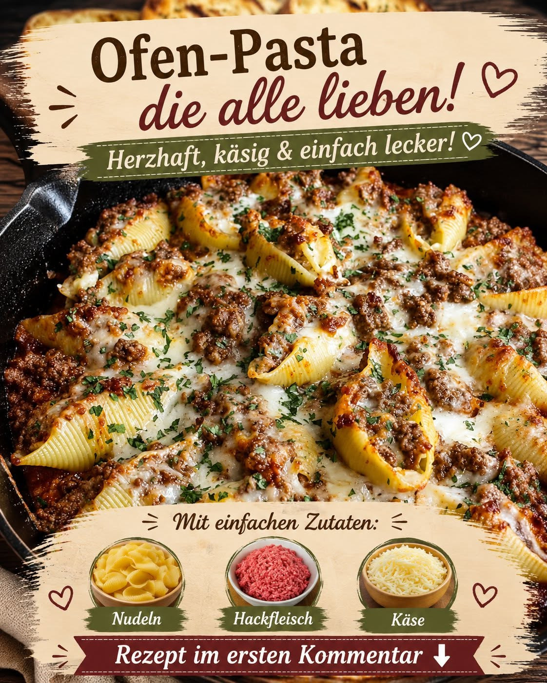 Überbackene große Muschelnudeln mit Hackfleisch und goldener Käsekruste