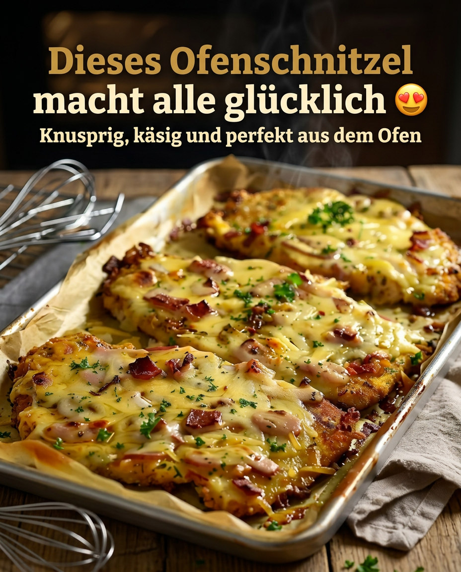 Unpanierte Schnitzel mit Speckstücken, Zwiebeln und goldener Käsekruste