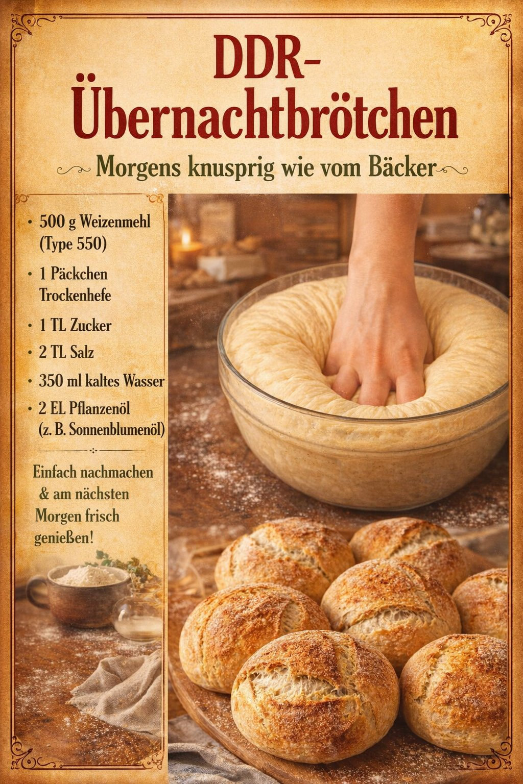 Helle kleine Brötchen mit aufgerissener Kruste und einer Schüssel Hefeteig