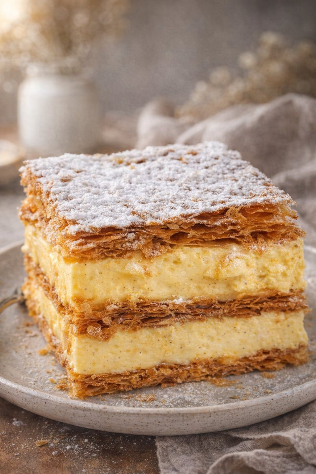 Rechteckige Cremeschnitte mit Blätterteigschichten, gelber Vanillecreme und Puderzucker
