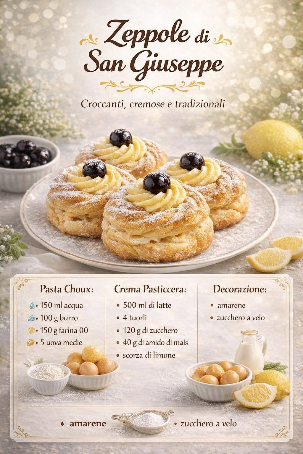 Zeppole ad anello con crema chiara, amarene scure e zucchero a velo