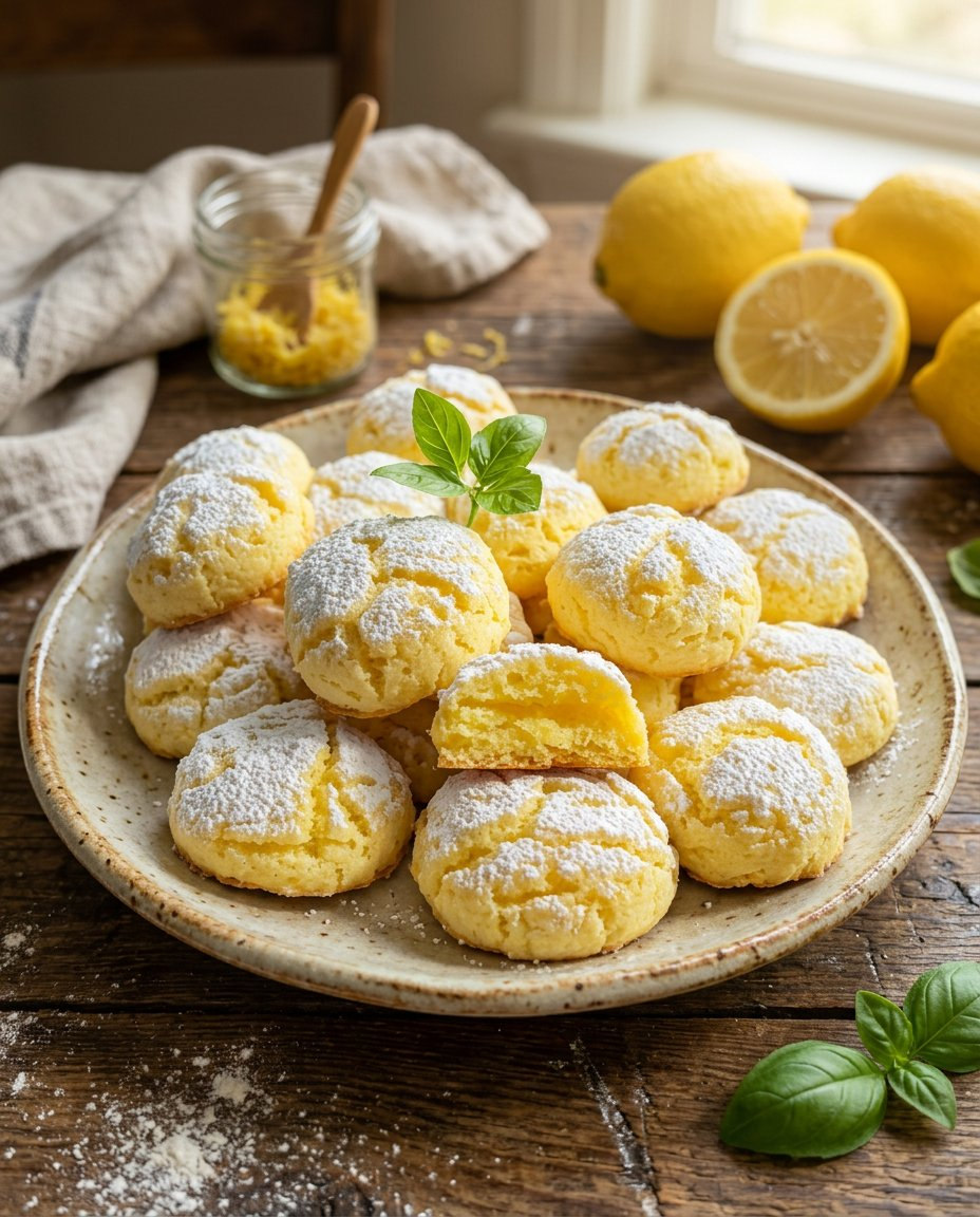 Gelbe Zitronenkekse mit weißen Puderzuckerrissen