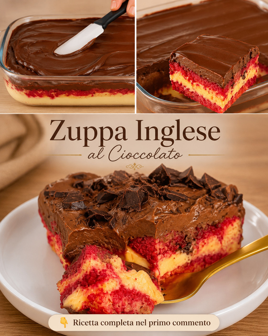 Dolce a strati con crema chiara, pan di Spagna rosso e copertura al cioccolato